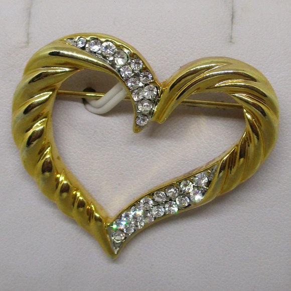 Opulence Crystal Rhinestone Brooch Crystal Ribbed Open Heart Gold Tone Metal Pin - Picture 2 of 11